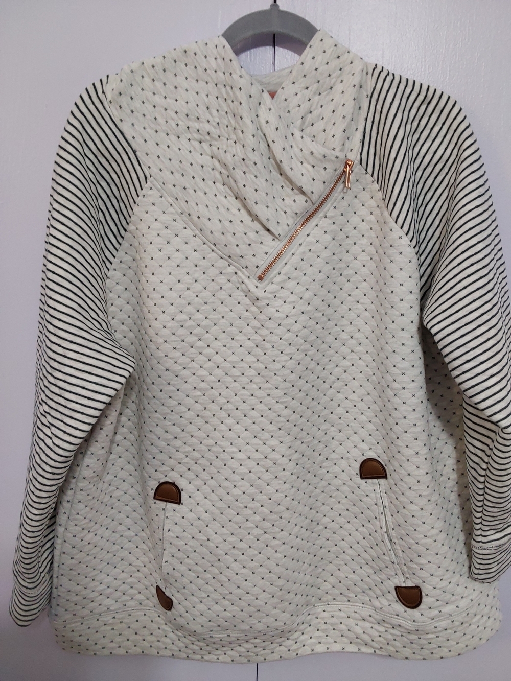 Maurices Cream Quilted Pullover with Black Stripe Sleeves